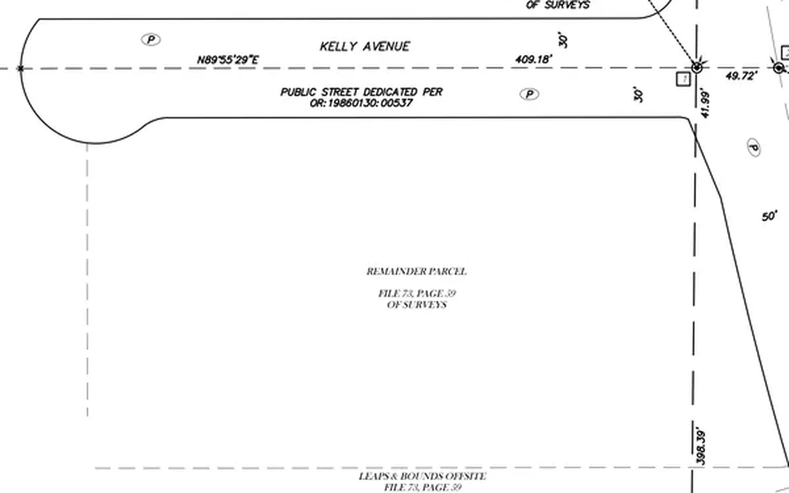 CAD horizontal control plan showing street alignment curves, dimensions, and survey monument references