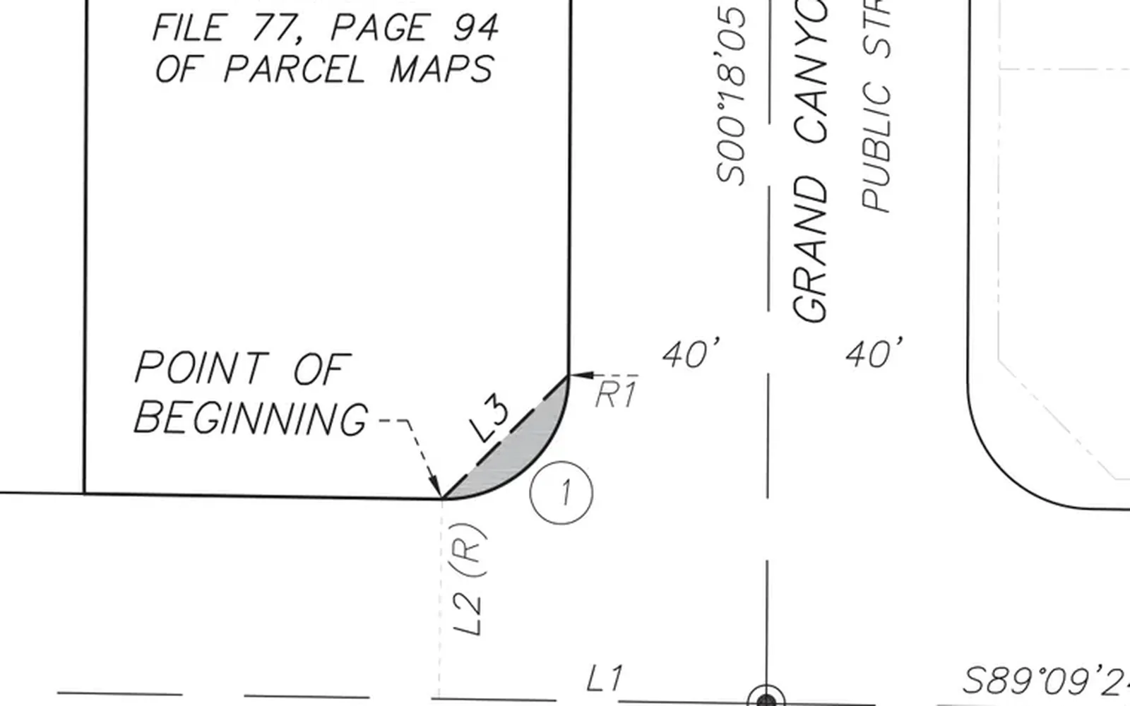 CAD easement exhibit drawing with a shaded curved easement area and curve and radius dimension callouts